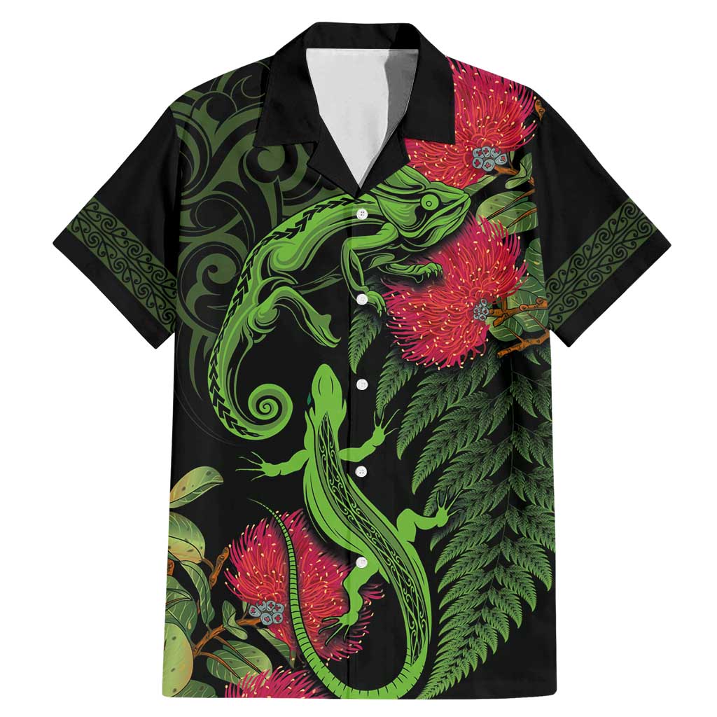 New Zealand Chameleon and Gecko Family Matching Mermaid Dress and Hawaiian Shirt Maori Silver Fern and Pohutukawa Decoration LT03 Dad's Shirt - Short Sleeve Green - Polynesian Pride