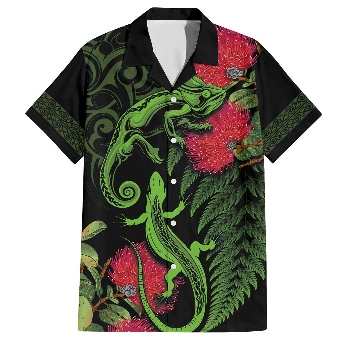 New Zealand Chameleon and Gecko Family Matching Off The Shoulder Long Sleeve Dress and Hawaiian Shirt Maori Silver Fern and Pohutukawa Decoration LT03 Dad's Shirt - Short Sleeve Green - Polynesian Pride