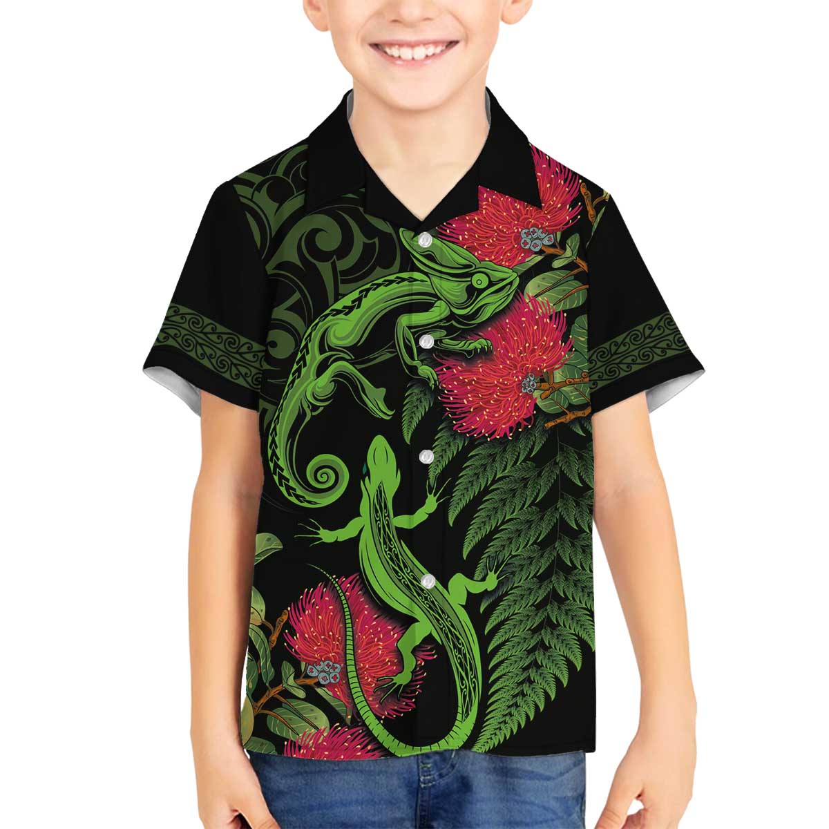 New Zealand Chameleon and Gecko Family Matching Off The Shoulder Long Sleeve Dress and Hawaiian Shirt Maori Silver Fern and Pohutukawa Decoration LT03 Son's Shirt Green - Polynesian Pride