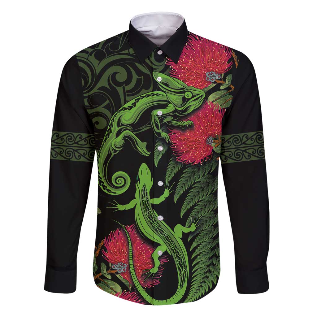 New Zealand Chameleon and Gecko Family Matching Off Shoulder Maxi Dress and Hawaiian Shirt Maori Silver Fern and Pohutukawa Decoration LT03 Dad's Shirt - Long Sleeve Green - Polynesian Pride