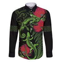 New Zealand Chameleon and Gecko Family Matching Off Shoulder Maxi Dress and Hawaiian Shirt Maori Silver Fern and Pohutukawa Decoration LT03 Dad's Shirt - Long Sleeve Green - Polynesian Pride