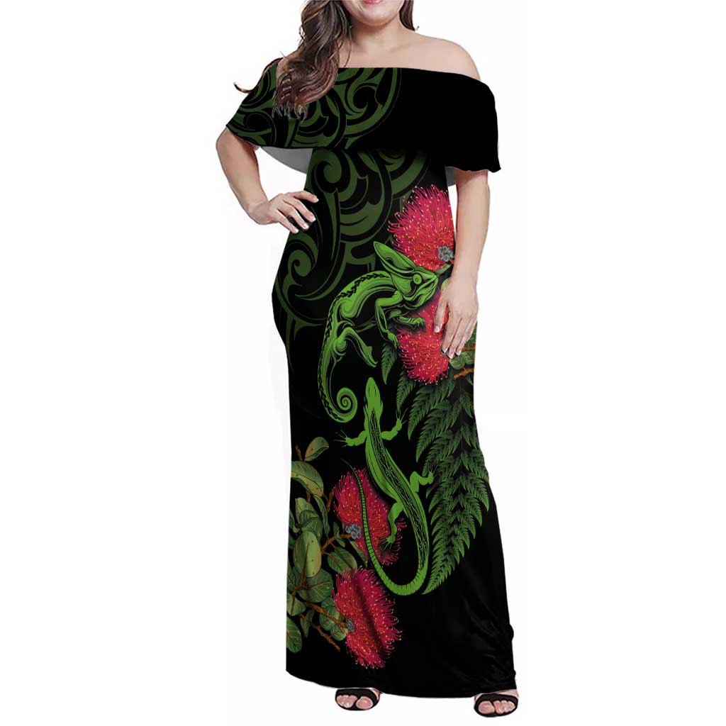 New Zealand Chameleon and Gecko Family Matching Off Shoulder Maxi Dress and Hawaiian Shirt Maori Silver Fern and Pohutukawa Decoration LT03 Mom's Dress Green - Polynesian Pride