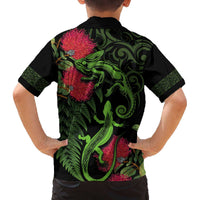 New Zealand Chameleon and Gecko Family Matching Off Shoulder Short Dress and Hawaiian Shirt Maori Silver Fern and Pohutukawa Decoration LT03 - Polynesian Pride