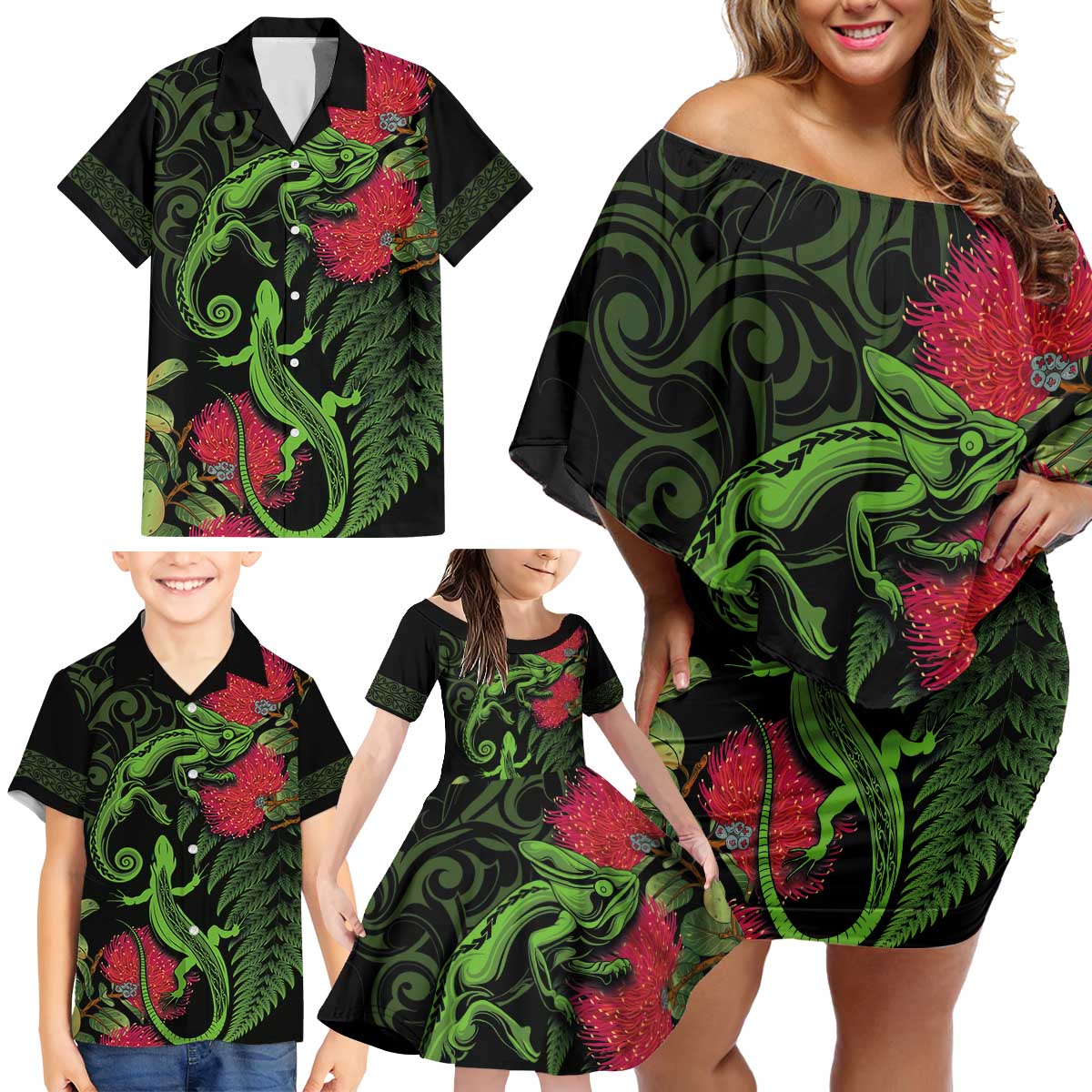 New Zealand Chameleon and Gecko Family Matching Off Shoulder Short Dress and Hawaiian Shirt Maori Silver Fern and Pohutukawa Decoration LT03 - Polynesian Pride