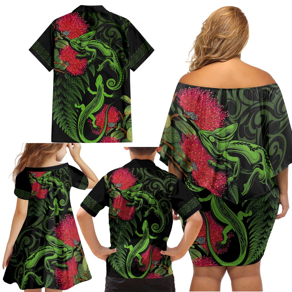 New Zealand Chameleon and Gecko Family Matching Off Shoulder Short Dress and Hawaiian Shirt Maori Silver Fern and Pohutukawa Decoration LT03 - Polynesian Pride
