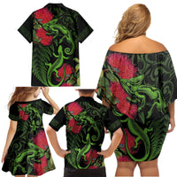 New Zealand Chameleon and Gecko Family Matching Off Shoulder Short Dress and Hawaiian Shirt Maori Silver Fern and Pohutukawa Decoration LT03 - Polynesian Pride