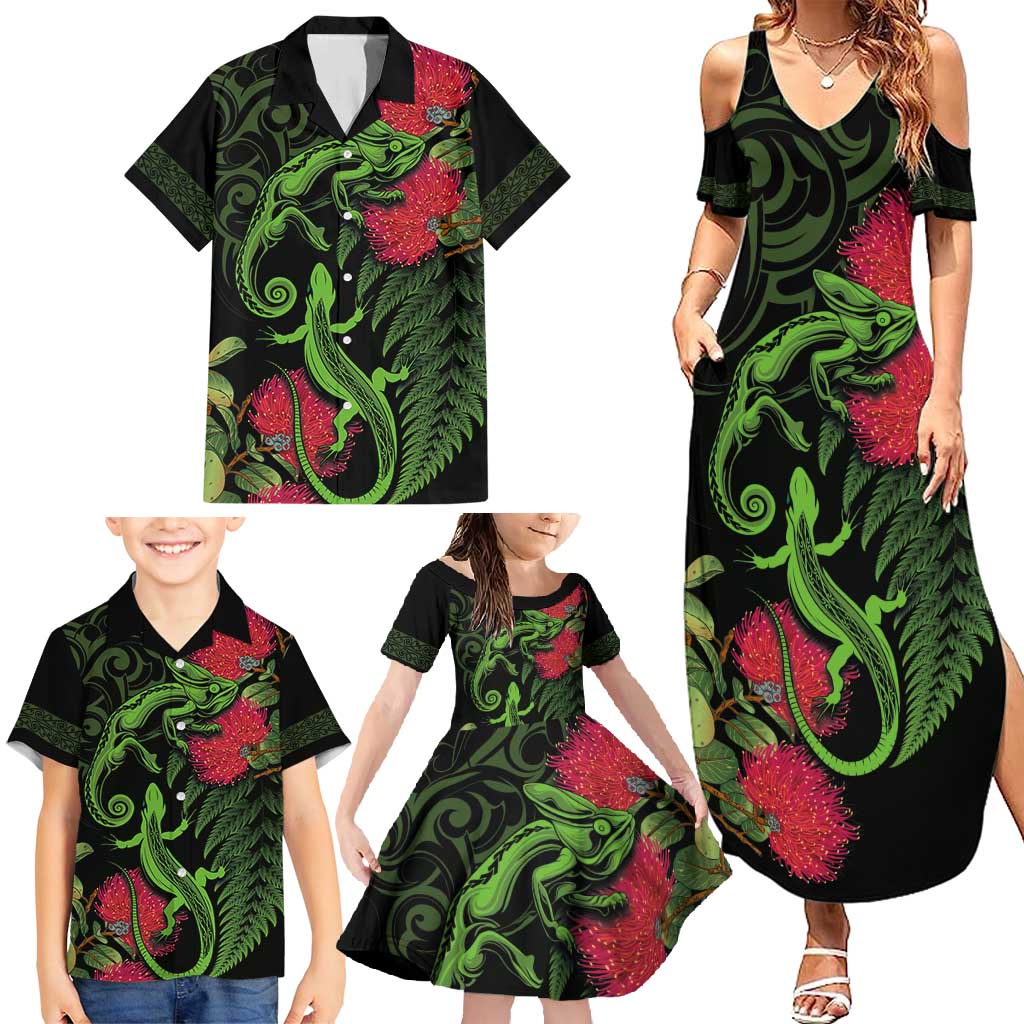 New Zealand Chameleon and Gecko Family Matching Summer Maxi Dress and Hawaiian Shirt Maori Silver Fern and Pohutukawa Decoration LT03 - Polynesian Pride