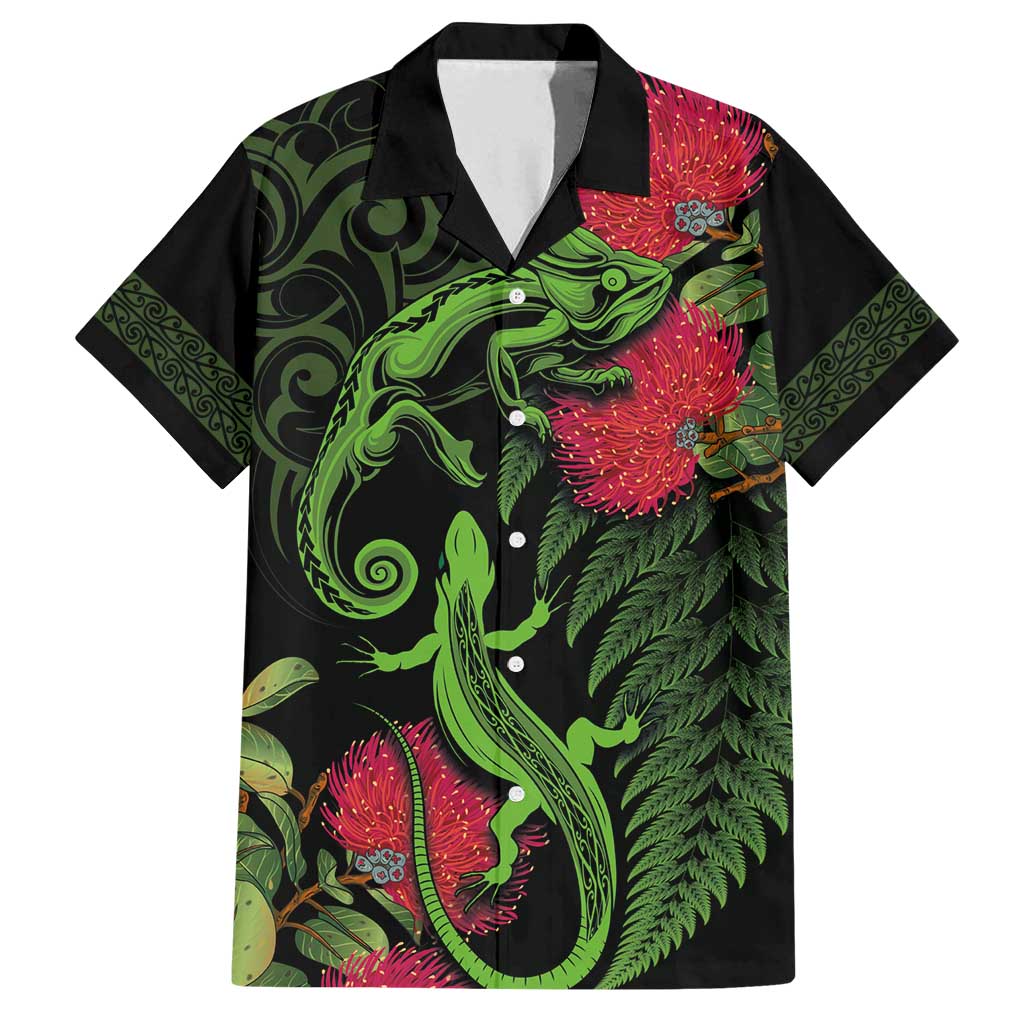 New Zealand Chameleon and Gecko Family Matching Summer Maxi Dress and Hawaiian Shirt Maori Silver Fern and Pohutukawa Decoration LT03 Dad's Shirt - Short Sleeve Green - Polynesian Pride