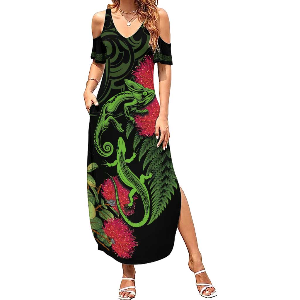New Zealand Chameleon and Gecko Family Matching Summer Maxi Dress and Hawaiian Shirt Maori Silver Fern and Pohutukawa Decoration LT03 Mom's Dress Green - Polynesian Pride