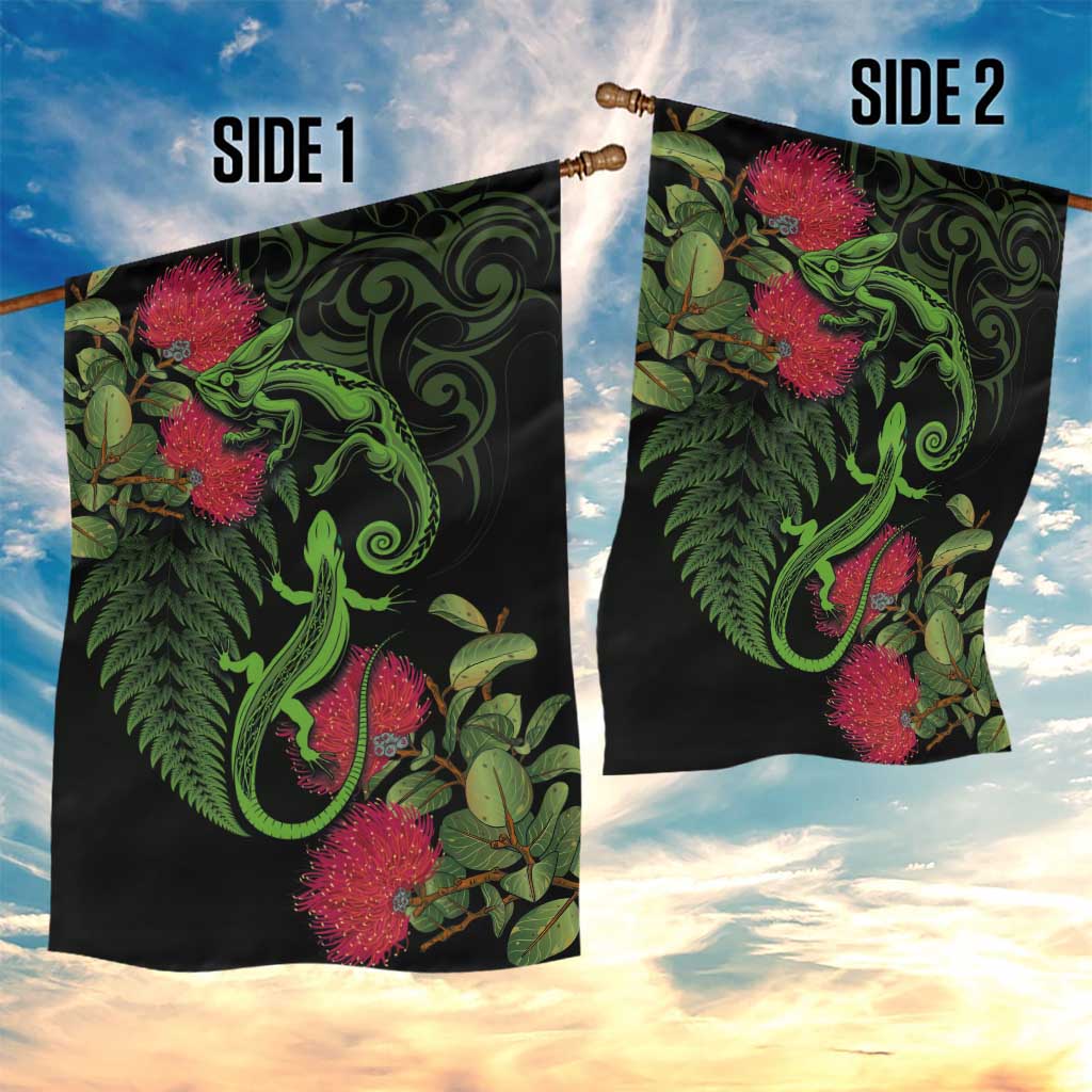 New Zealand Chameleon and Gecko Garden Flag Maori Silver Fern and Pohutukawa Decoration LT03 - Polynesian Pride