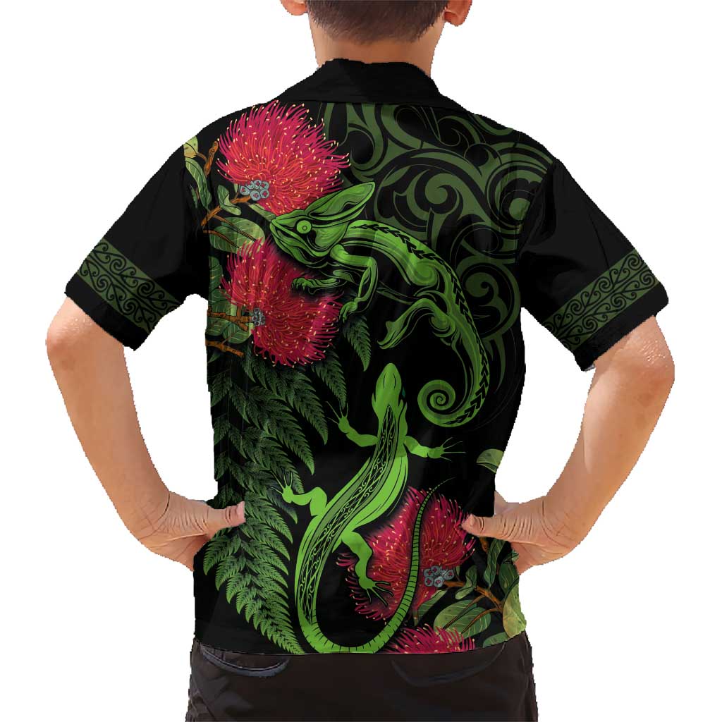 New Zealand Chameleon and Gecko Kid Hawaiian Shirt Maori Silver Fern and Pohutukawa Decoration LT03 - Polynesian Pride