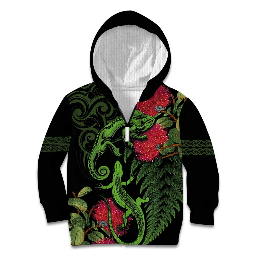 New Zealand Chameleon and Gecko Kid Hoodie Maori Silver Fern and Pohutukawa Decoration LT03 Zip Hoodie Green - Polynesian Pride