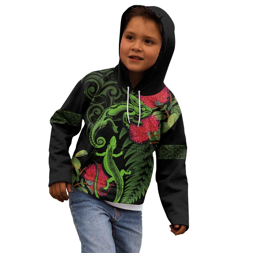 New Zealand Chameleon and Gecko Kid Hoodie Maori Silver Fern and Pohutukawa Decoration LT03 - Polynesian Pride