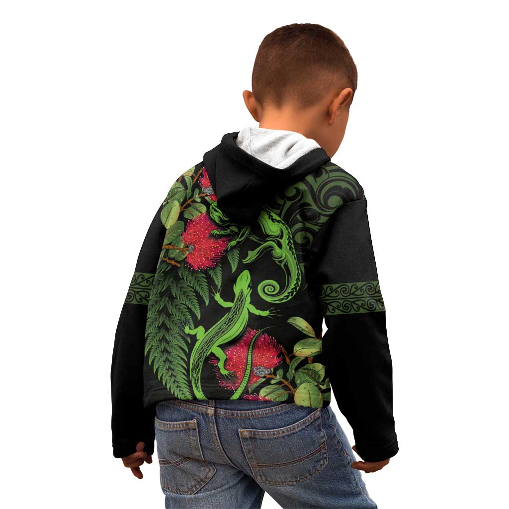 New Zealand Chameleon and Gecko Kid Hoodie Maori Silver Fern and Pohutukawa Decoration LT03 - Polynesian Pride