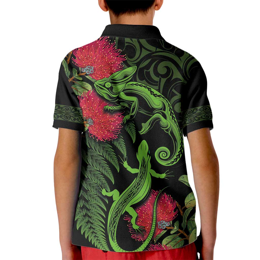 New Zealand Chameleon and Gecko Kid Polo Shirt Maori Silver Fern and Pohutukawa Decoration LT03 - Polynesian Pride