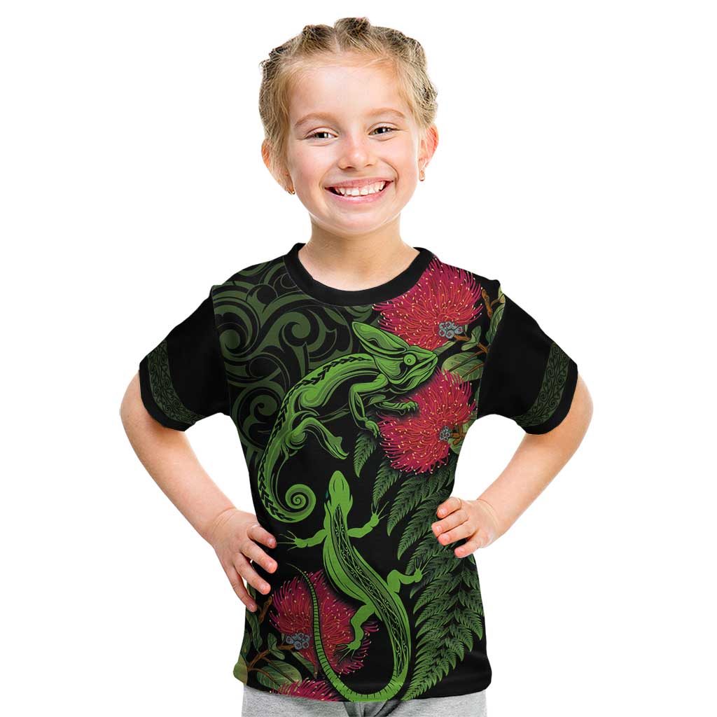 New Zealand Chameleon and Gecko Kid T Shirt Maori Silver Fern and Pohutukawa Decoration LT03 Green - Polynesian Pride