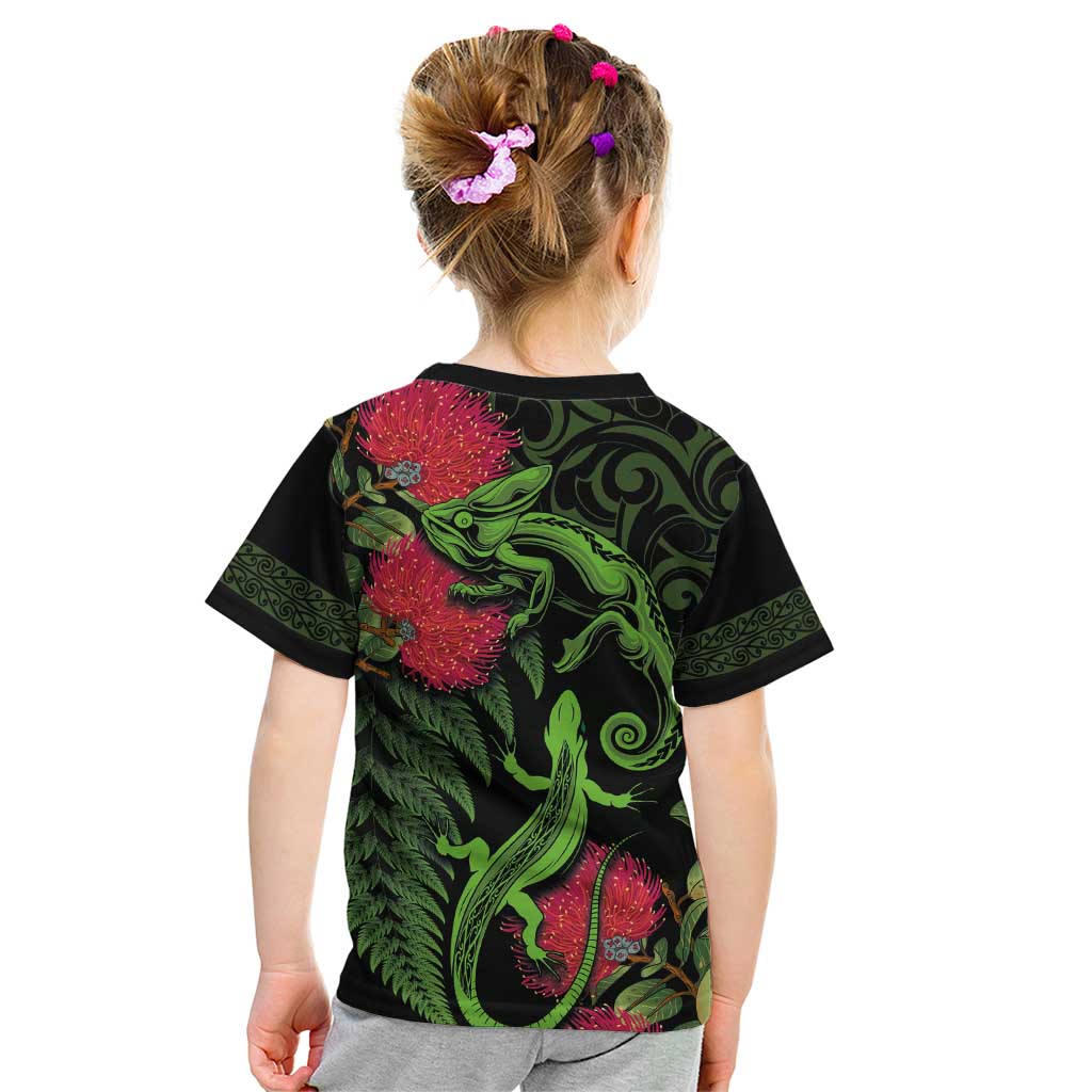 New Zealand Chameleon and Gecko Kid T Shirt Maori Silver Fern and Pohutukawa Decoration LT03 - Polynesian Pride
