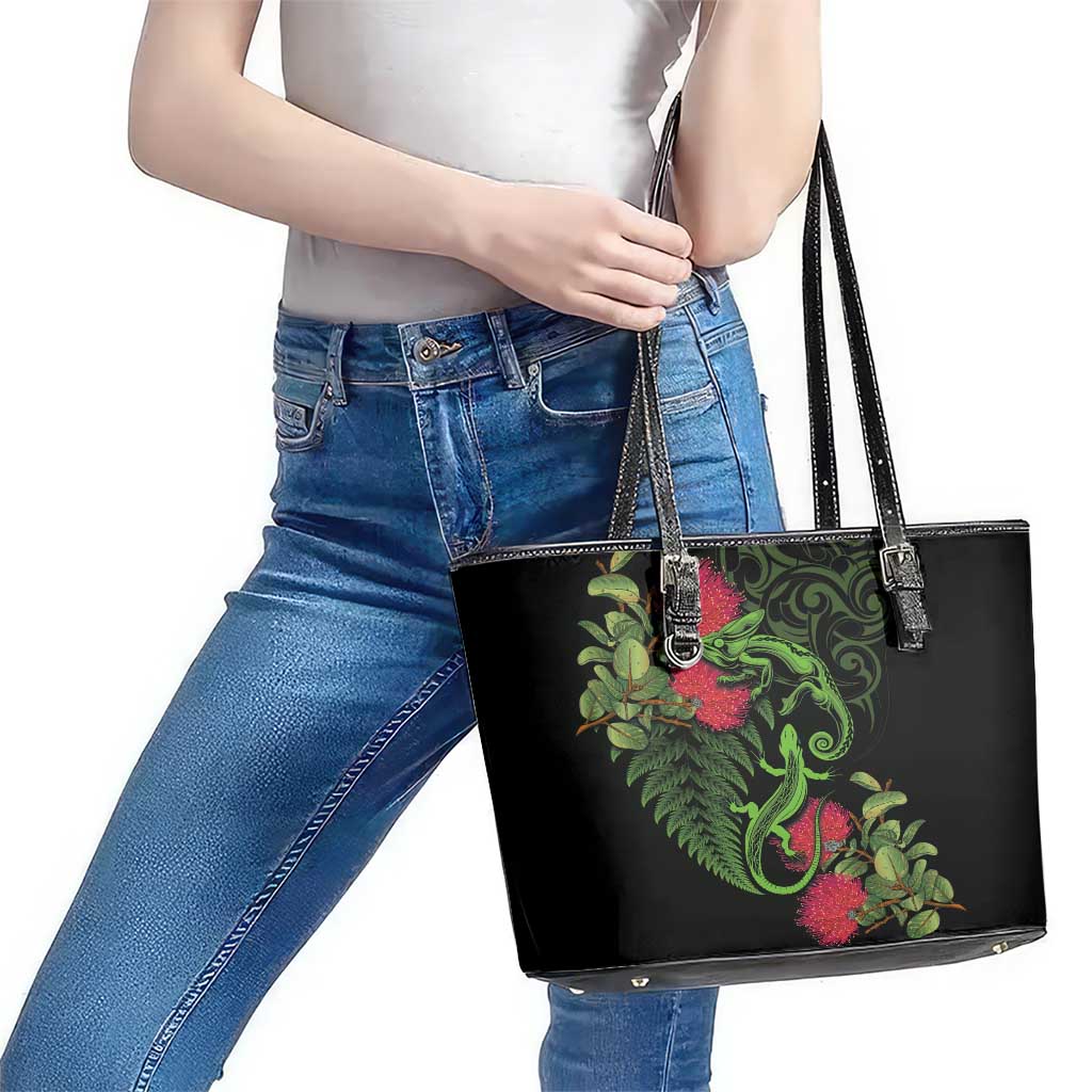 New Zealand Chameleon and Gecko Leather Tote Bag Maori Silver Fern and Pohutukawa Decoration LT03 - Polynesian Pride