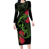 New Zealand Chameleon and Gecko Long Sleeve Bodycon Dress Maori Silver Fern and Pohutukawa Decoration LT03 Long Dress Green - Polynesian Pride