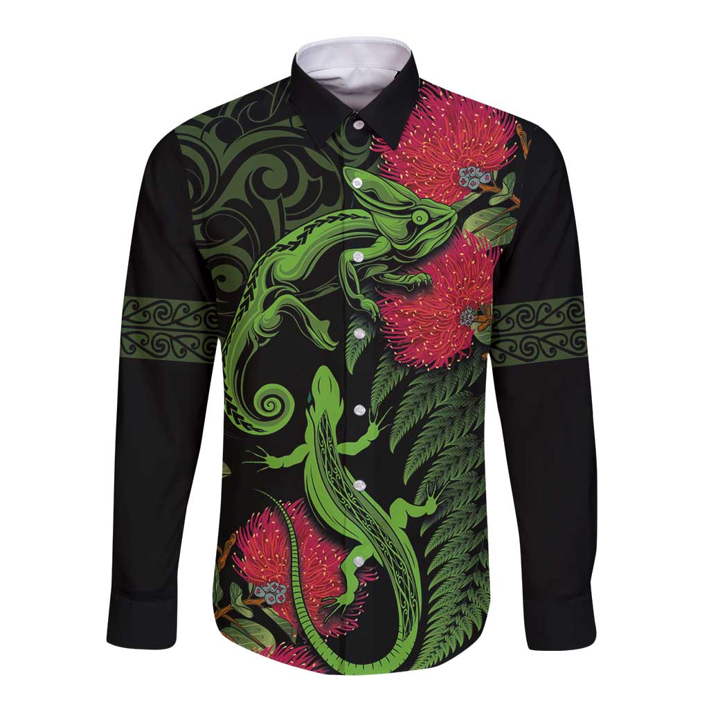 New Zealand Chameleon and Gecko Long Sleeve Button Shirt Maori Silver Fern and Pohutukawa Decoration LT03 Unisex Green - Polynesian Pride
