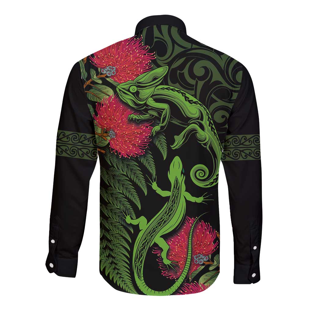 New Zealand Chameleon and Gecko Long Sleeve Button Shirt Maori Silver Fern and Pohutukawa Decoration LT03 - Polynesian Pride