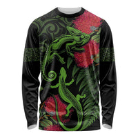 New Zealand Chameleon and Gecko Long Sleeve Shirt Maori Silver Fern and Pohutukawa Decoration LT03 Unisex Green - Polynesian Pride
