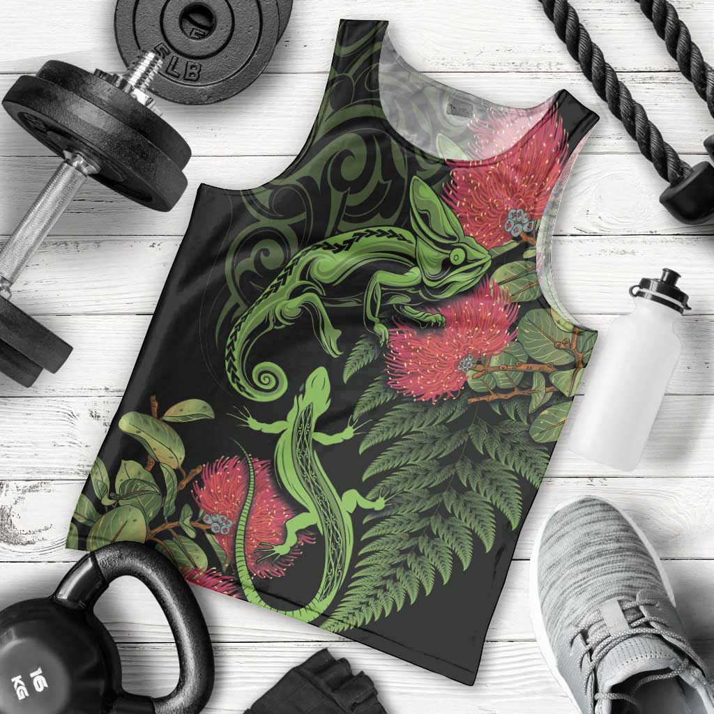 New Zealand Chameleon and Gecko Men Tank Top Maori Silver Fern and Pohutukawa Decoration LT03 - Polynesian Pride
