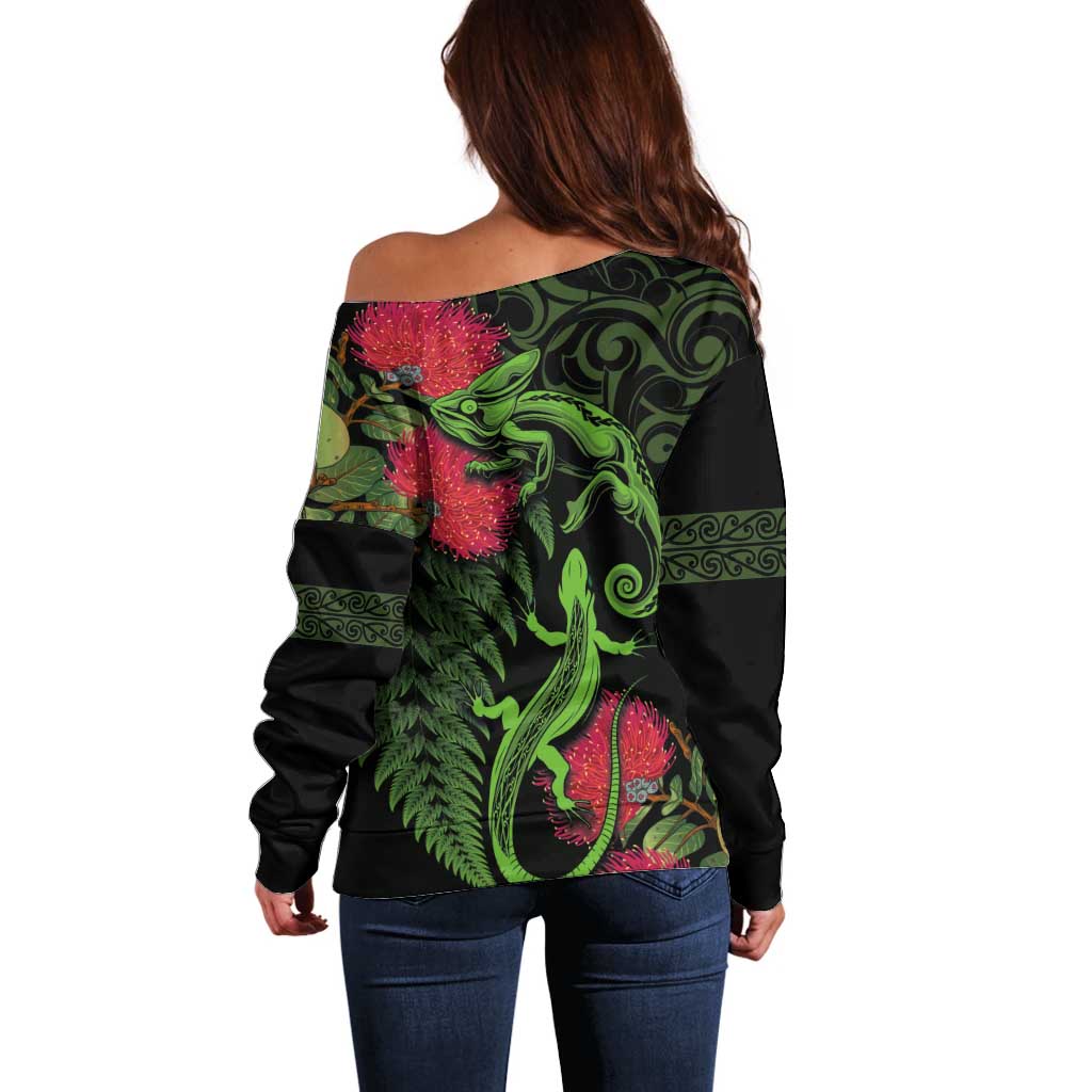 New Zealand Chameleon and Gecko Off Shoulder Sweater Maori Silver Fern and Pohutukawa Decoration LT03 - Polynesian Pride