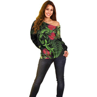 New Zealand Chameleon and Gecko Off Shoulder Sweater Maori Silver Fern and Pohutukawa Decoration LT03 - Polynesian Pride