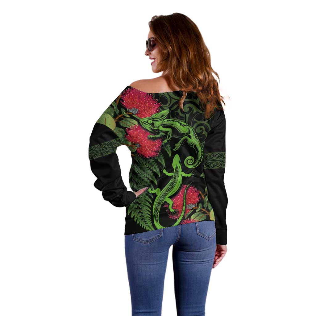 New Zealand Chameleon and Gecko Off Shoulder Sweater Maori Silver Fern and Pohutukawa Decoration LT03 - Polynesian Pride