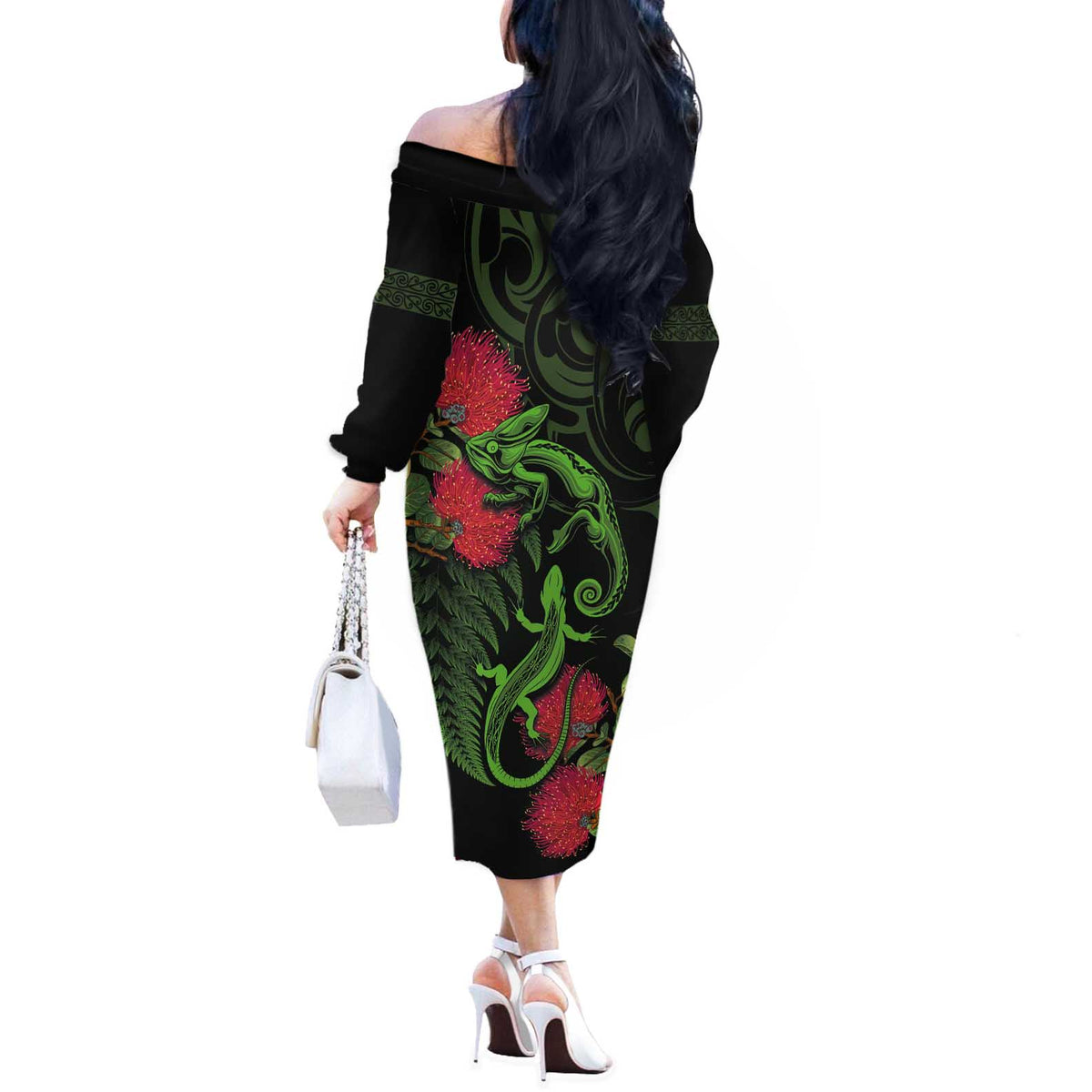 New Zealand Chameleon and Gecko Off The Shoulder Long Sleeve Dress Maori Silver Fern and Pohutukawa Decoration LT03 - Polynesian Pride