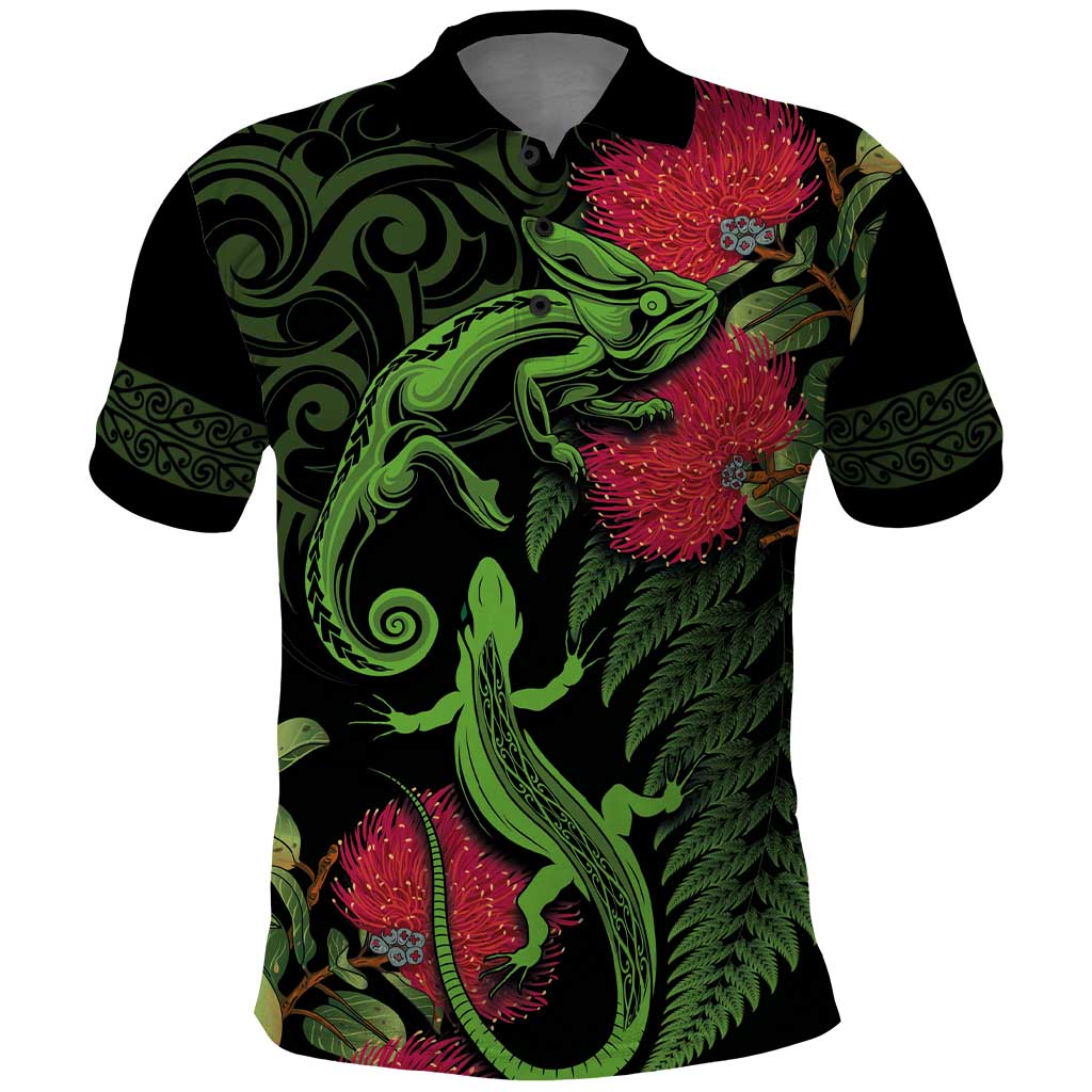 New Zealand Chameleon and Gecko Polo Shirt Maori Silver Fern and Pohutukawa Decoration LT03 Green - Polynesian Pride