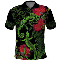 New Zealand Chameleon and Gecko Polo Shirt Maori Silver Fern and Pohutukawa Decoration LT03 Green - Polynesian Pride