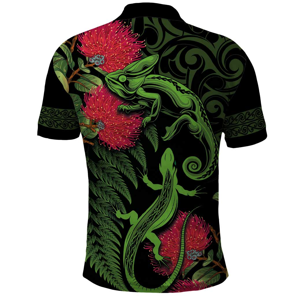 New Zealand Chameleon and Gecko Polo Shirt Maori Silver Fern and Pohutukawa Decoration LT03 - Polynesian Pride