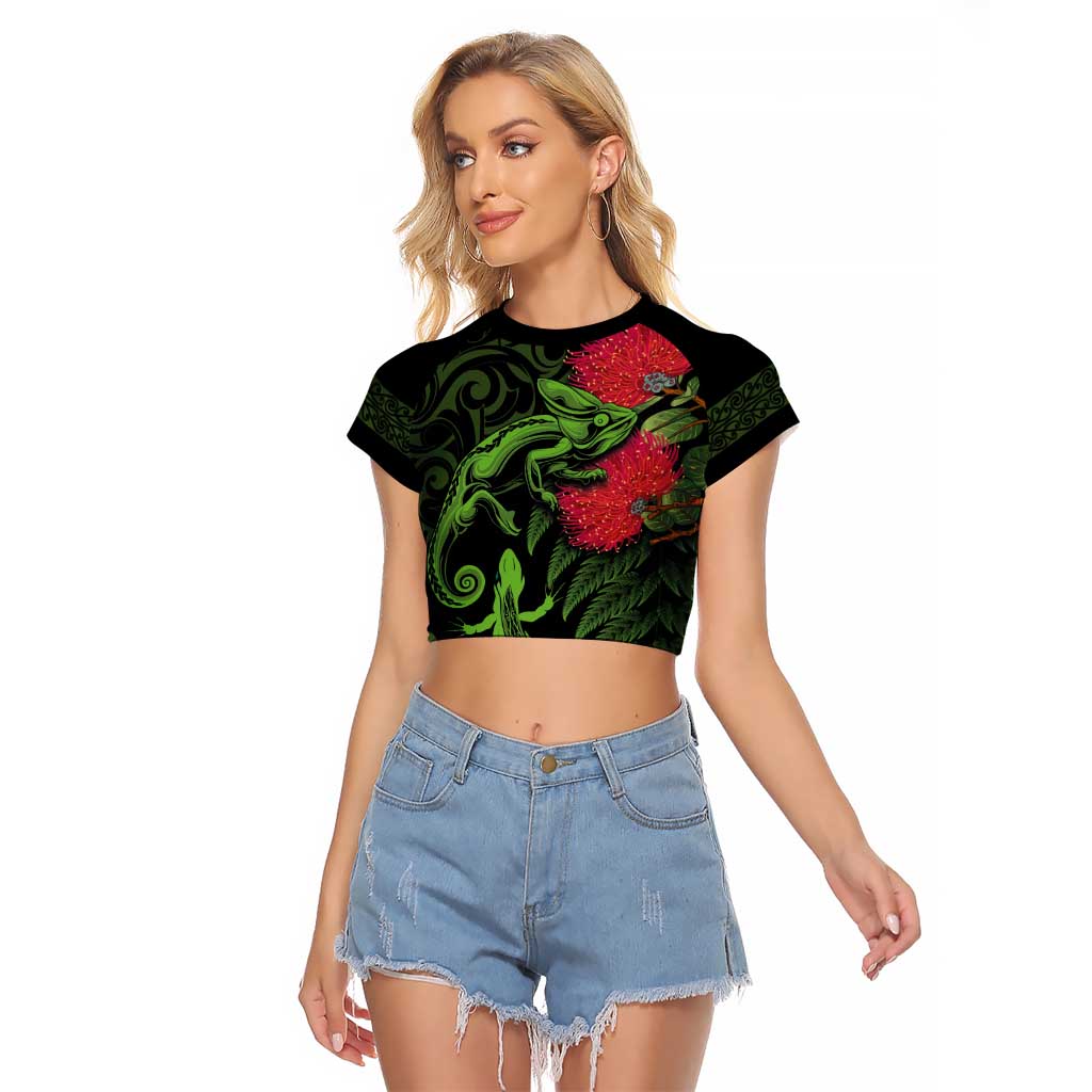 New Zealand Chameleon and Gecko Raglan Cropped T Shirt Maori Silver Fern and Pohutukawa Decoration LT03 Female Green - Polynesian Pride