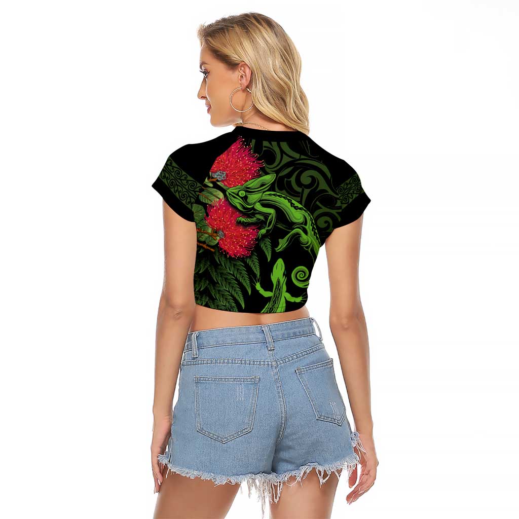 New Zealand Chameleon and Gecko Raglan Cropped T Shirt Maori Silver Fern and Pohutukawa Decoration LT03 - Polynesian Pride