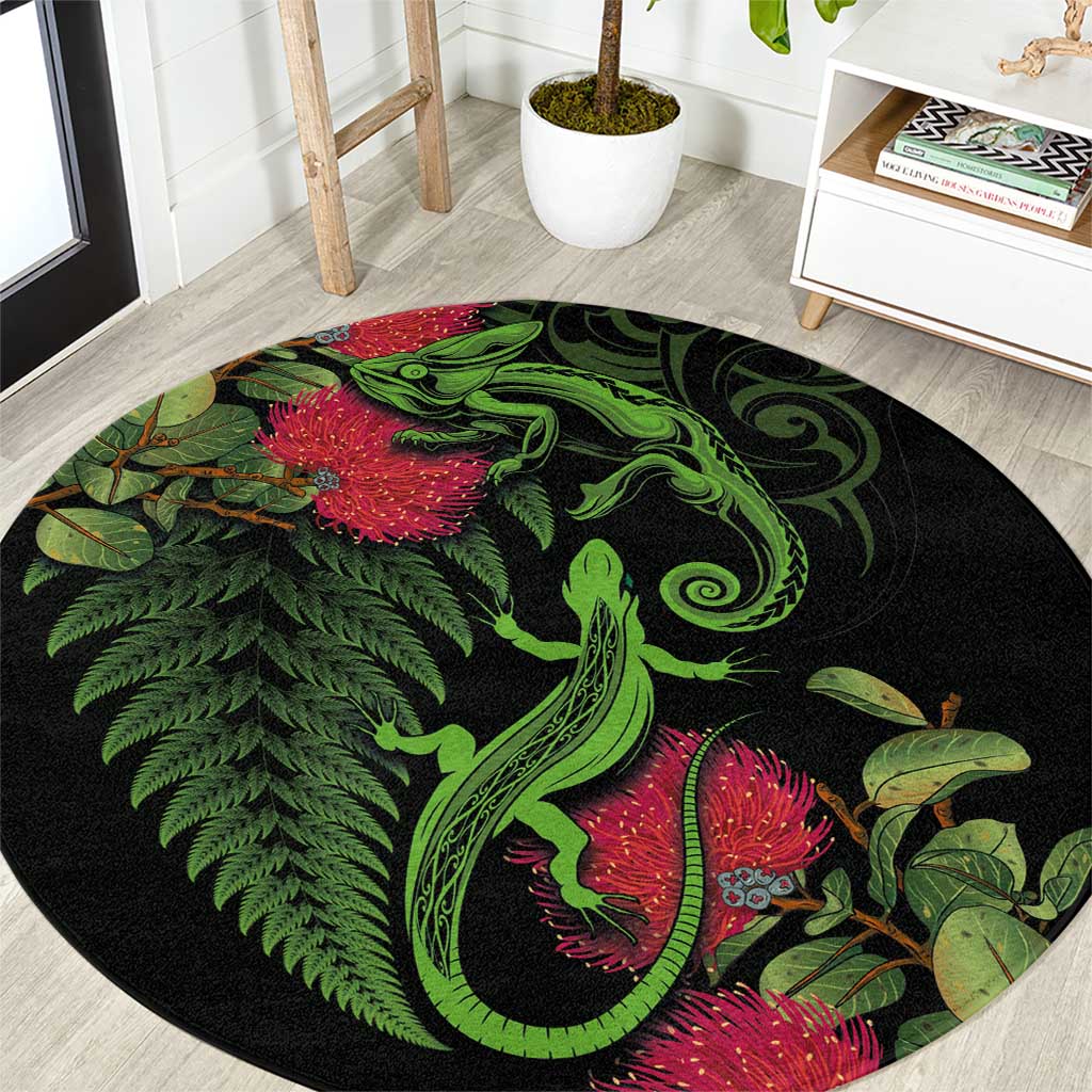 New Zealand Chameleon and Gecko Round Carpet Maori Silver Fern and Pohutukawa Decoration LT03 Green - Polynesian Pride