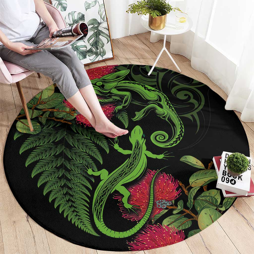 New Zealand Chameleon and Gecko Round Carpet Maori Silver Fern and Pohutukawa Decoration LT03 - Polynesian Pride