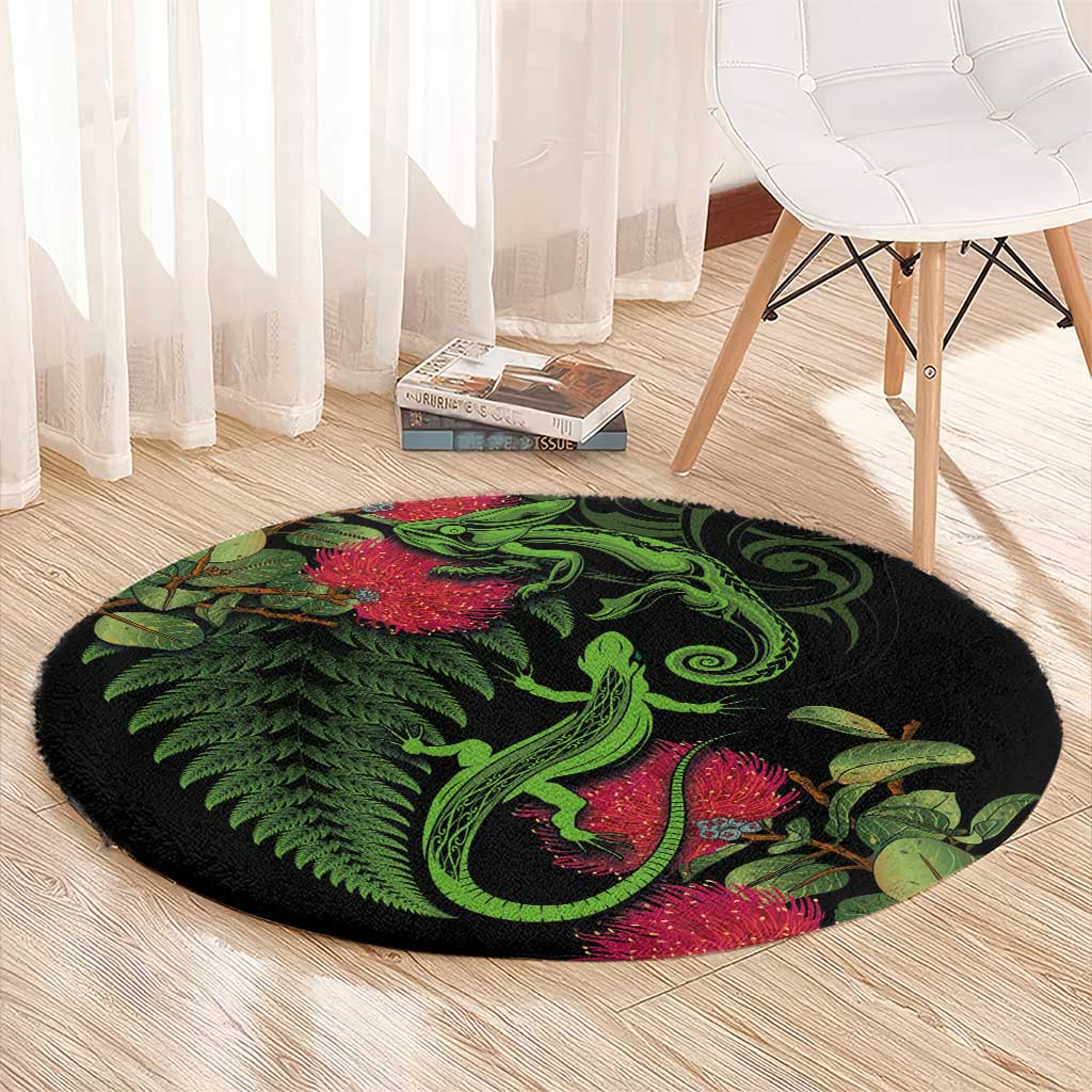 New Zealand Chameleon and Gecko Round Carpet Maori Silver Fern and Pohutukawa Decoration LT03 - Polynesian Pride