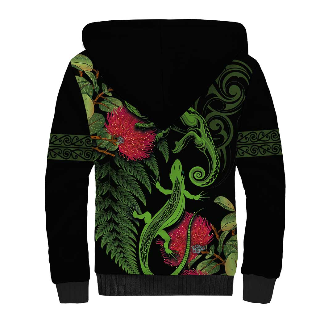 New Zealand Chameleon and Gecko Sherpa Hoodie Maori Silver Fern and Pohutukawa Decoration LT03 - Polynesian Pride