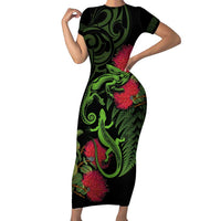 New Zealand Chameleon and Gecko Short Sleeve Bodycon Dress Maori Silver Fern and Pohutukawa Decoration LT03 Long Dress Green - Polynesian Pride