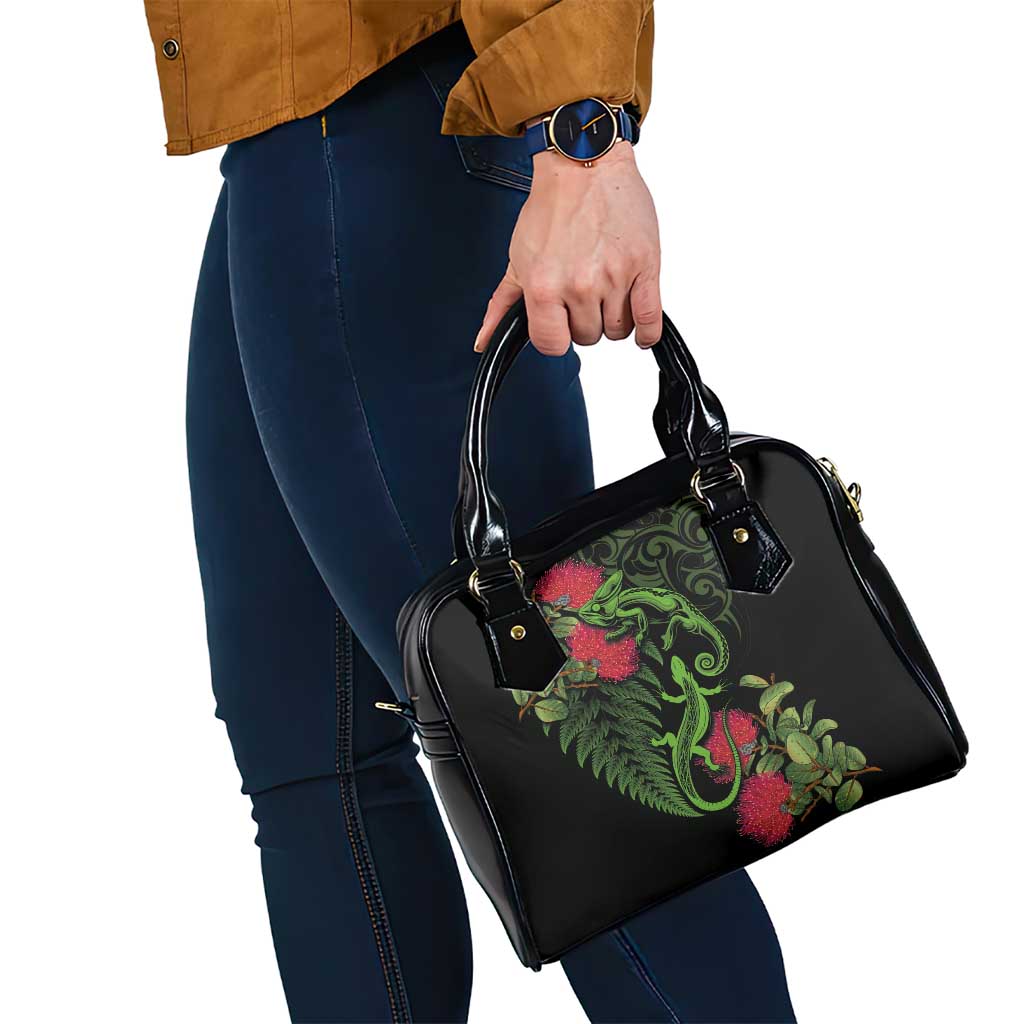 New Zealand Chameleon and Gecko Shoulder Handbag Maori Silver Fern and Pohutukawa Decoration LT03 - Polynesian Pride