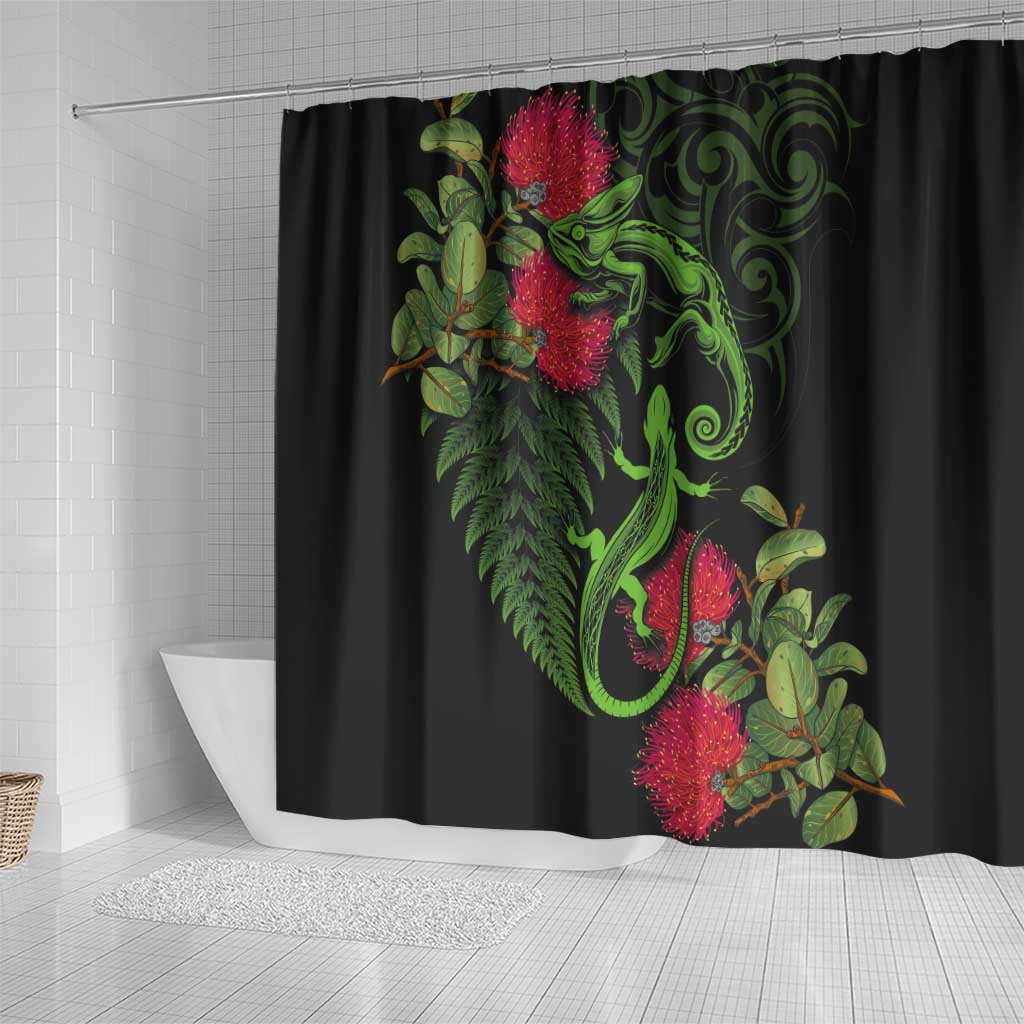New Zealand Chameleon and Gecko Shower Curtain Maori Silver Fern and Pohutukawa Decoration LT03 - Polynesian Pride