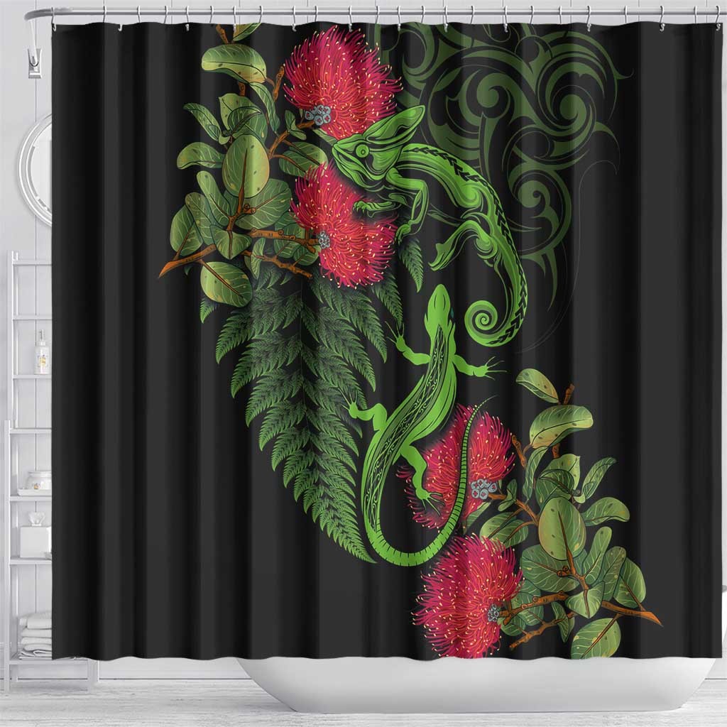New Zealand Chameleon and Gecko Shower Curtain Maori Silver Fern and Pohutukawa Decoration LT03 - Polynesian Pride