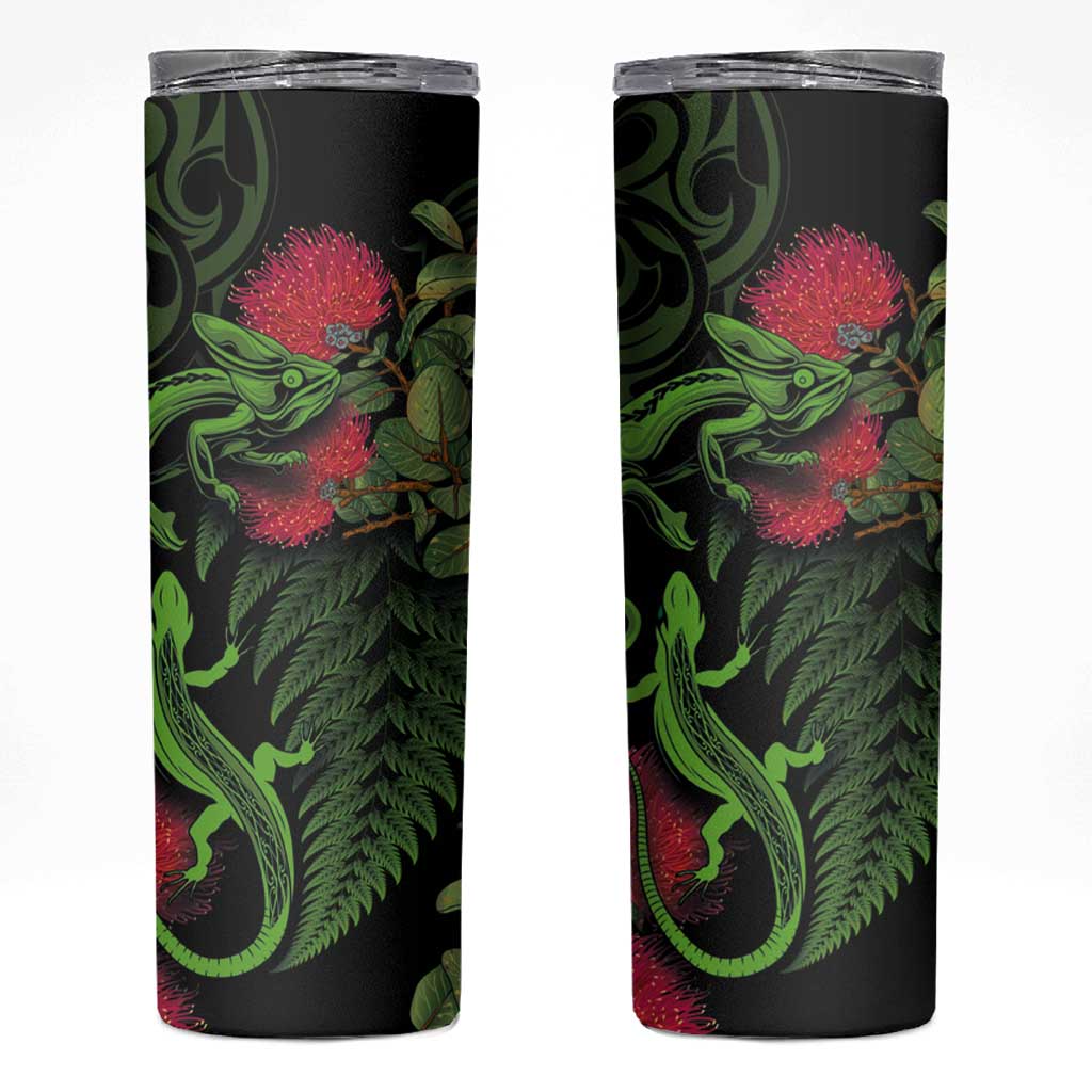 New Zealand Chameleon and Gecko Skinny Tumbler Maori Silver Fern and Pohutukawa Decoration LT03 Green - Polynesian Pride