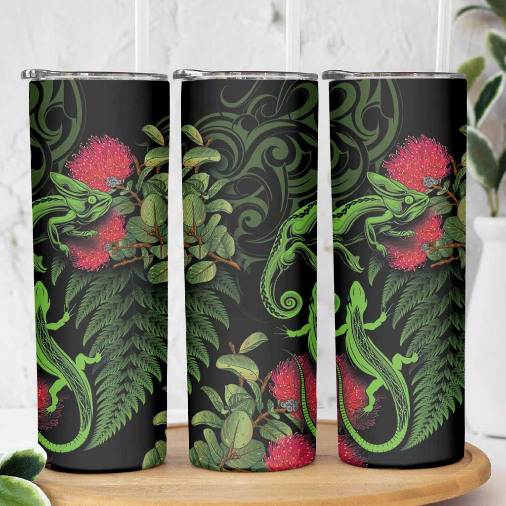 New Zealand Chameleon and Gecko Skinny Tumbler Maori Silver Fern and Pohutukawa Decoration LT03 - Polynesian Pride
