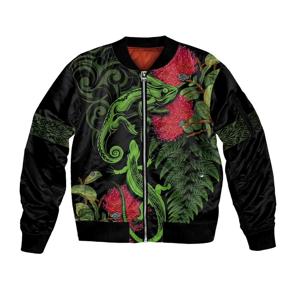 New Zealand Chameleon and Gecko Sleeve Zip Bomber Jacket Maori Silver Fern and Pohutukawa Decoration LT03 Unisex Green - Polynesian Pride