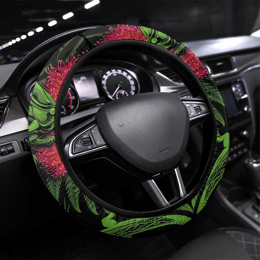 New Zealand Chameleon and Gecko Steering Wheel Cover Maori Silver Fern and Pohutukawa Decoration LT03 Universal Fit Green - Polynesian Pride