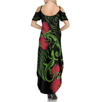 New Zealand Chameleon and Gecko Summer Maxi Dress Maori Silver Fern and Pohutukawa Decoration LT03 - Polynesian Pride