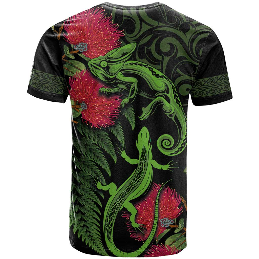 New Zealand Chameleon and Gecko T Shirt Maori Silver Fern and Pohutukawa Decoration LT03 - Polynesian Pride